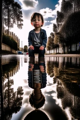 Reflection of boy in a puddle of water, low angle shot