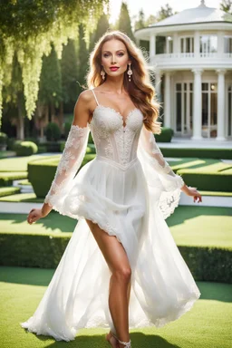 create a video of beautiful russian lady dancing in a pretty villa garden