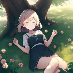 anime girl sleeping in a far away distance. field of flowers. trees are in the distance