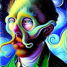 Dibujo al oleo de un hombre pulpo pintado con muchas nubes de colores estilo Vincent van Gogh