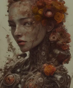 an abstract painting of rusted metal and flowers, portrait, rust, scaffolding, iron cladding, decay, mixed media, textured, anatomically correct, beautiful perfect face, sharp focus, highly detailed