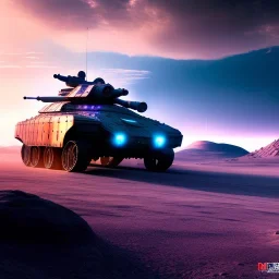 Futuristic armored tank rolling over a crater, purple sky, 4k, highly detailed, minutiae, trail with boulders