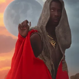 dungeons and dragons, monk, black, african, portrait, face, close up, cloak, clothes, cape, brown fabric, sunset, red sun, single person, red sky, hood, only face