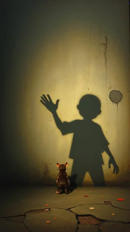 Bosch painting style, nightmare , a very small mouse standing in front ot the wall, a very big shadow on the wall