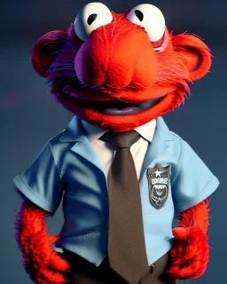 Realistic image, hybrid formed by simple Elmo muppet head and real human body, human arms and hands, Shirt and tie, concept art, smooth, unreal engine 5, god lights, ray tracing, RTX, lumen lighting, ultra detail, volumetric lighting, 3d, finely drawn, high definition, 4k.