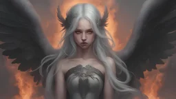 Angel of destruction with two big black wings, girl, gray hair, sad look, ancient greec clothing, fire