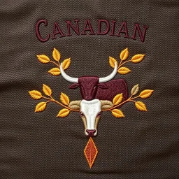 an autumn colored textured cloth embroidered with ornamental leaves and cattle, pointed bottom, on darker textile background, embroidered text across top, Canadian western textile art design