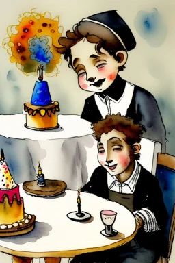 A cute smiling boy dressed black trousers white shirt, wearing a kippah. Boy and lion are sitting at a table with a birthday cake. Watercolour