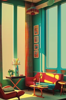 A vintage room embodying the essence of the 1970s, complete with (((retro furniture))), colorful patterns, and (sunny afternoon light streaming through open windows)