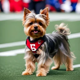 A Yorkshire Terrier playing for the Kansas City Chiefs.