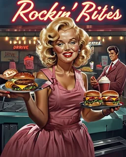 A hyper-realistic digital painting in an ultra-wide 2.39:1 cinematic aspect ratio depicts "Rockin’ Bites Drive-In" during golden hour, showcasing Marilyn Monroe as the central figure. She is a radiant blonde with perfect platinum curls and vibrant red lipstick, clad in a crisp pink waitress uniform and a frilly apron, gracefully balancing a tray loaded with classic burgers and creamy milkshakes. Elvis Presley, in a pristine diner cook outfit, stands confidently behind the grill, flipping burgers