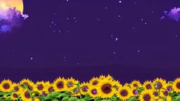 purple sky full of stars, sunflower field, anime