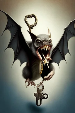 flying bat holding a key in mouth