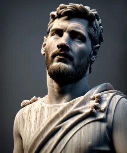 Gran angular, Realistic image, roman sculpture, marble material, Lionel Messi, Laurel wreath model, miguel angel style, emperador, God light, god rays, 4k resolution, ornate details, soft lighting, unreal engine 5, soft cyan background.