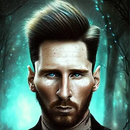  Lionel Messi face style steampunk, darkblue tones, rain,