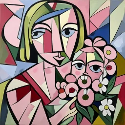 piccasso cubism pink woman and child with flower