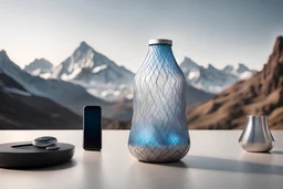 A futuristic bottlewith interwoven components that allow for wirelessly controlled temperature settings, featuring clean lines and modern design. Set the scene alongside a smartphone for reference. Put a mountain landscape in the background