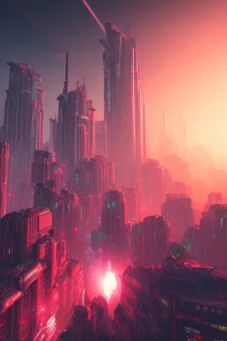 energy beam from the sky destroys a cyberpunk city, straight buildings, sharp edges, straight lines, architecture, sunset, ambience, eerie, 8k, wallpaper