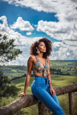 1beautiful lady in nice top and blue pants with curvy hair,country side ,blue sky nice clouds,