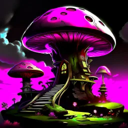 A fantabulous black, magenta and green (((mushroom tower house))) erected atop a (geologic pillar), surrounded by the uncanny imaginative ((( swirling skies))), offset by the stark hues of a (neon-tinged nebulous space scape), within. captured by the hand a skilled master painter with a focus on (softly blurred compositions and voluminous lighting).