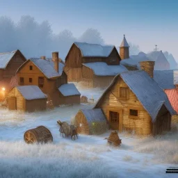 quaint fantasy medieval farming village in frost night with wooden buildings grasslands plains