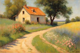 sunny day, mountains, trees, dirt road, flowers, spring, countryside, adobe house, friedrich eckenfelder and hans am ende impressionism paintings