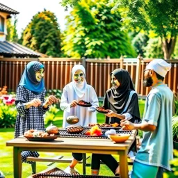 Muslim family at backyard with barbecue