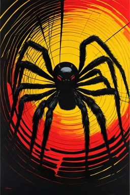 (((Giant Black widow spider))) sliding on a web. Black background, red to yellow gradient halo. Italian Giallo movie thriller poster. Dark mood ((70's horror poster)) - Saul Bass style - Photo realistic.