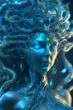 transparent olivine gemstone beauty queen Medusa, in blue fire chrome casino, high detail, 8k, cinematic, depth of field, art