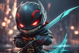 Chibi pyke venom in 8k solo leveling shadow artstyle, in the style of fairy academia, pirate them, mask, close picture, neon lights, intricate details, highly detailed, high details, detailed portrait, masterpiece,ultra detailed, ultra quality