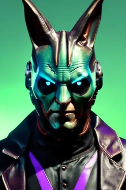 Medium Close Up Portrait, Front image. cyberpunk, rabbit mask helmet, strong man, silver hair. latex suit. Purple, green, color. Joker style. Color background, photo studio. Avatar image, highly detailed, concept art, smooth, unreal engine 5, ray tracing, RTX, lumen lighting, ultra detail, volumetric lighting, 3d, finely drawn, high definition, high resolution.