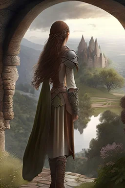 elven girl with brown hair, she wears fantasy medieval clothes, she is slim, full body with boots, view from the back, looking at a landscape through a stone arch