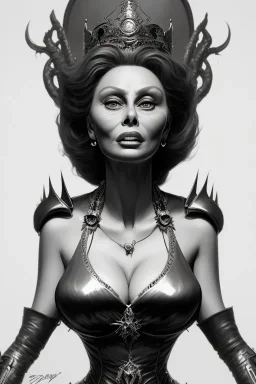 Sophia Loren as evil queen in black leather, cleavage, angry, stern look. character design by cory loftis, fenghua zhong, ryohei hase, ismail inceoglu and ruan jia. unreal engine 5, artistic lighting, highly detailed, photorealistic, fantasy