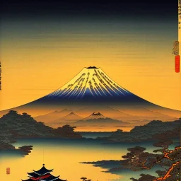 Ukiyo-e painting of a mount fuji at sunset