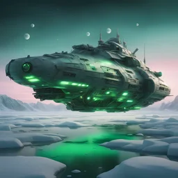 ,large detailed space ship floating on wide ice River on a , dusk, antennas, exhaust ports ,small green lights , stopped, , luminescent , 35 mm focal length
