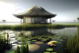 futuristic Iranian beach house with vernacular architecture, in the marsh, Water lily on water surface, wooden structure, sloped roof, wealth of flora, with dancing performance, fog and rain, light ray