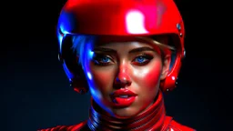 Fotorealistisch Miley Cyrus strahlend blaue Augen im offenen Helmvisier in roter Lederkombination