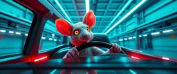 car driving happy 2d neon fluffy rat elf scumbag in the style of Escher and Giger and Fallout 4, pinhole cam, airbrush 3d rendering, on tv screen:A five-second cinematic single take in a clean industrial presentation hall.