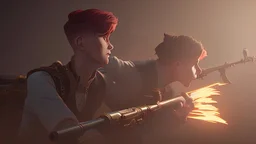 boy fends off the evil monster that came out of his closet with a steampunk styled rifle