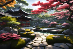 Beautiful japanese garden, ultra realistic, artstation: award-winning: professional portrait: atmospheric: commanding: fantastical: clarity: 16k: ultra quality: striking: brilliance: stunning colors: masterfully crafted.
