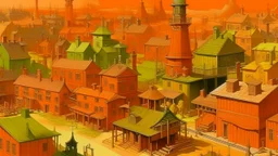 An orange colored western town with mechanical buildings painted by Raymond Duchamp-Villon