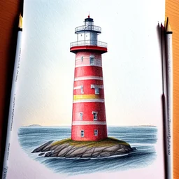 A colored pencil drawing of the brick lighthouse Lista Lighthouse in Norway