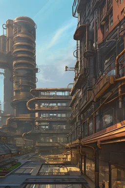 long, winding, steampunk cross-roads, windows, pipes, steps, balconies, people shopping, clear sky, cityscape