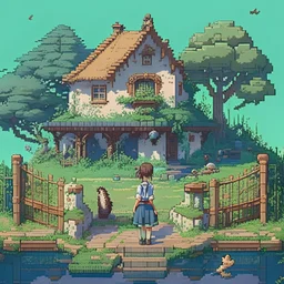 A studio ghibli kinda big house with garden, fence, water well, snake, girl wearing uniform, bear, landscape, pixelart