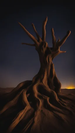 Ugly , Evil hands on an old willow tree in the dark desert