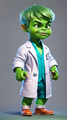 Little baby hulk, full portrait looking at the camera realistically, dressed as a doctor, bright colors make octane popular on artstation, solid color background wall, beautiful, cute, 3D rendering, cute pixar, inspired by Du Qiong, blond boy, Andrew Dixon, realistic, 3D, anime style, well shaded, smooth, Pixar.