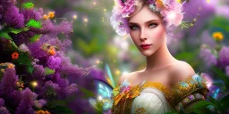 bright fairy, beautiful portrait, flowery landscape