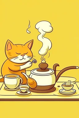 Cat brewing tea cartoon