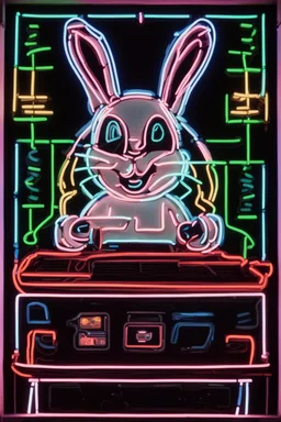 Neon sign of the easter bunny playing a video game console