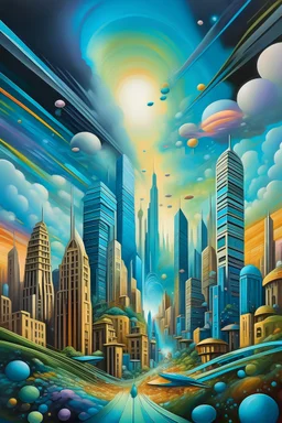 City of Dreams: Create a vivid oil painting capturing the dreams and aspirations of a futuristic metropolis.